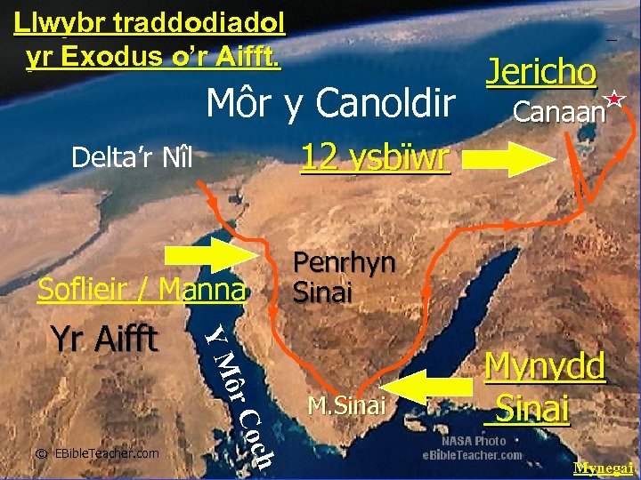 Llwybr traddodiadol yr Exodus o’r Aifft. Exodus Major Events Map Môr y Canoldir Soflieir