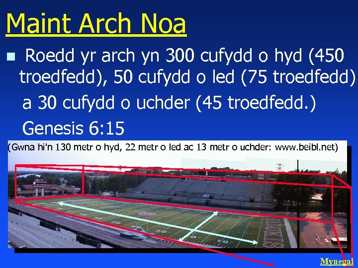 Maint Arch Noa n Roedd yr arch yn 300 cufydd o hyd (450 troedfedd),