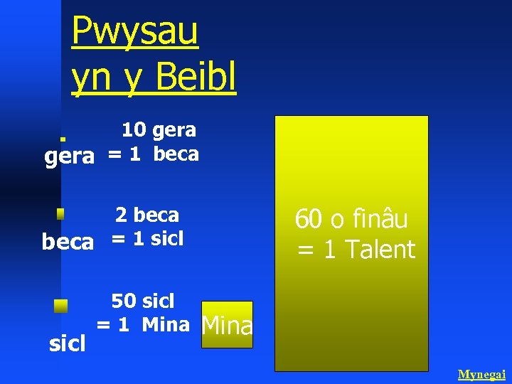 Pwysau yn y Beibl 10 gera = 1 beca 2 beca = 1 sicl