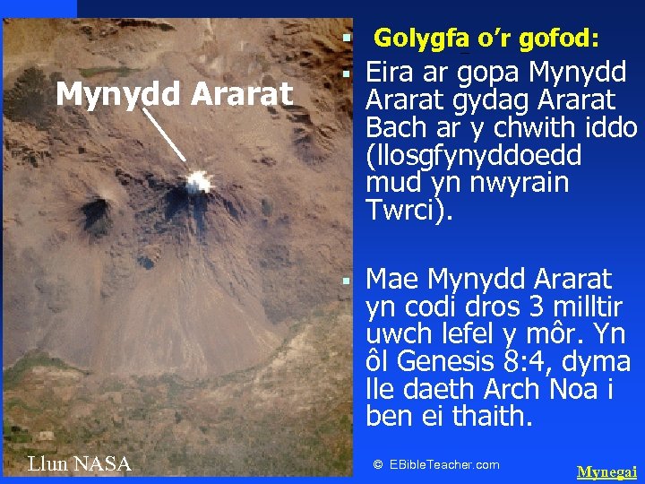 § Golygfa o’r gofod: Noah’s Ark Mt. Ararat Llun NASA Eira ar gopa Mynydd