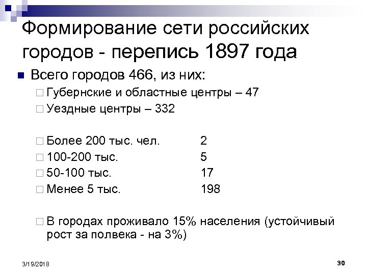 Формирование сети российских городов - перепись 1897 года n Всего городов 466, из них: