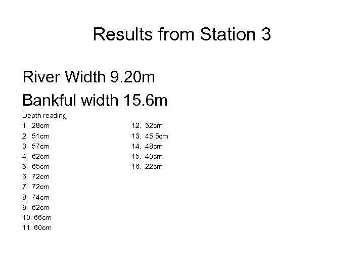 Results from Station 3 River Width 9. 20 m Bankful width 15. 6 m