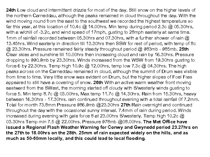 24 th Low cloud and intermittent drizzle for most of the day. Still snow