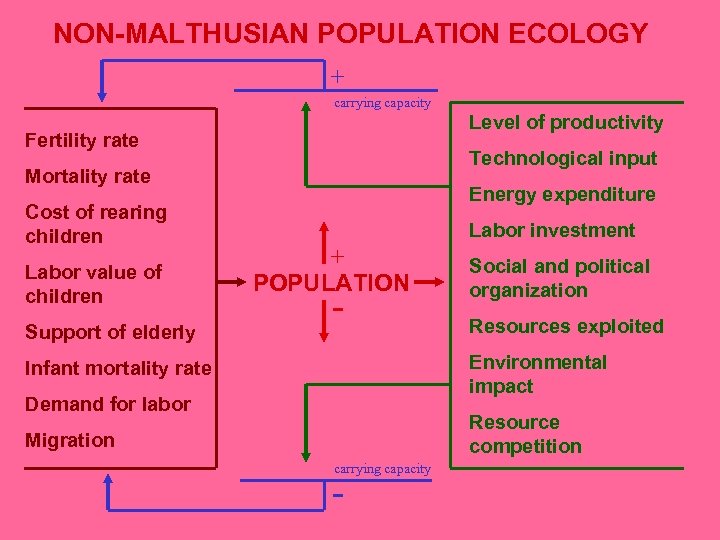 NON-MALTHUSIAN POPULATION ECOLOGY ⁺ carrying capacity Level of productivity Fertility rate Technological input Mortality