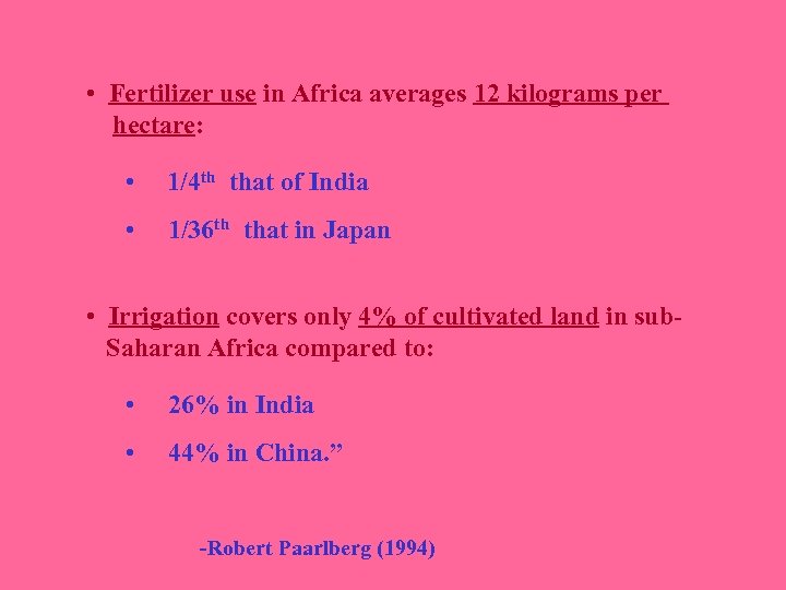  • Fertilizer use in Africa averages 12 kilograms per hectare: • 1/4 th