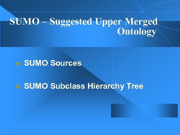 SUMO – Suggested Upper Merged Ontology u SUMO Sources u SUMO Subclass Hierarchy Tree