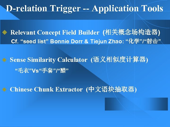 D-relation Trigger -- Application Tools u Relevant Concept Field Builder (相关概念场构造器) Cf. “seed list”