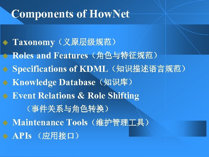 Components of How. Net Taxonomy（义原层级规范） u Roles and Features（角色与特征规范） u Specifications of KDML（知识描述语言规范） u