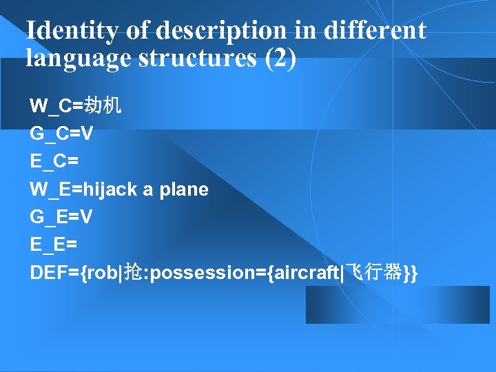 Identity of description in different language structures (2) W_C=劫机 G_C=V E_C= W_E=hijack a plane