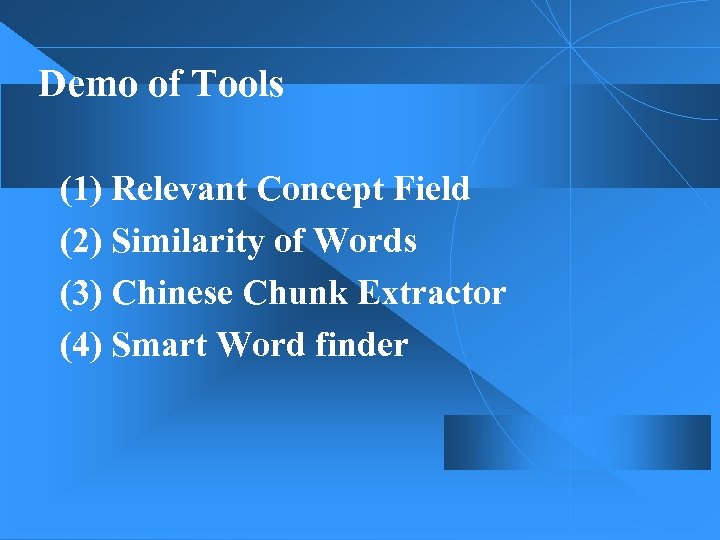 Demo of Tools (1) Relevant Concept Field (2) Similarity of Words (3) Chinese Chunk