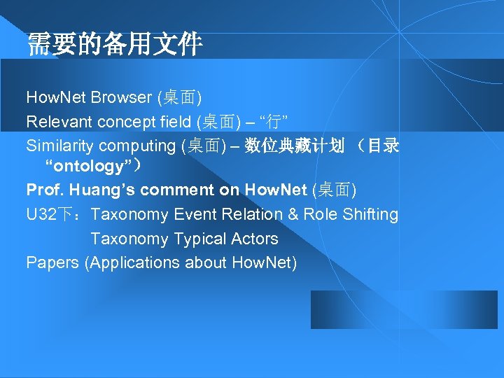 需要的备用文件 How. Net Browser (桌面) Relevant concept field (桌面) – “行” Similarity computing (桌面)