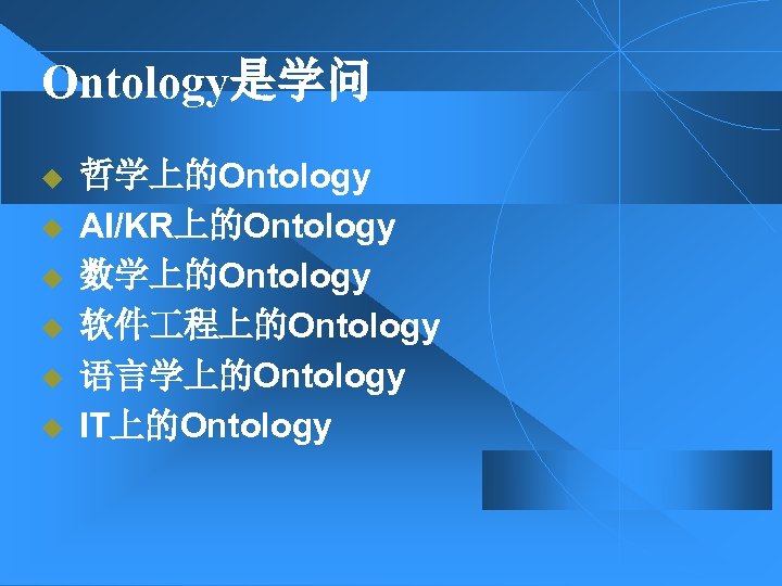 Ontology是学问 u u u 哲学上的Ontology AI/KR上的Ontology 数学上的Ontology 软件 程上的Ontology 语言学上的Ontology IT上的Ontology 