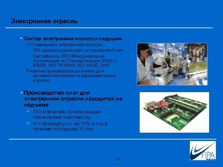 Электронная отрасль § Сектор электроники является ведущим 110 компаний в электронной отрасли. 18% среднегодовой