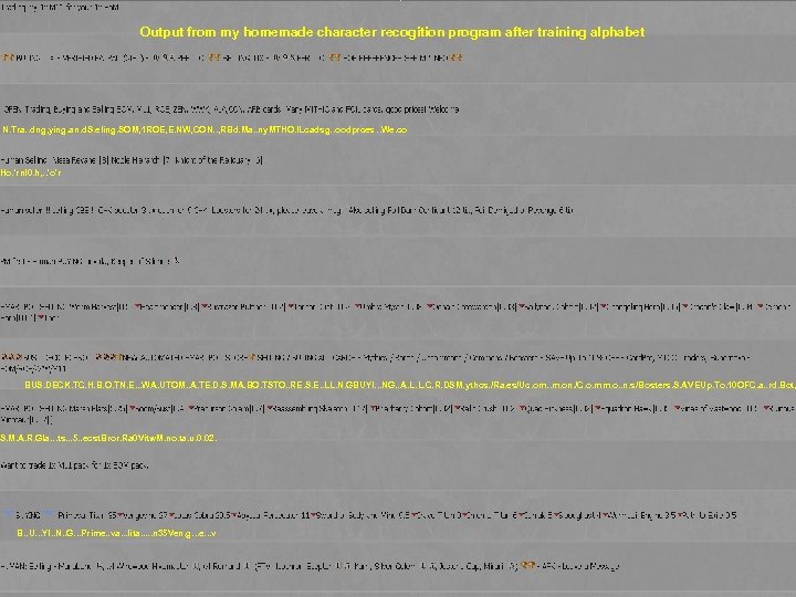 Output from my homemade character recogition program after training alphabet N. Tra. . dng,