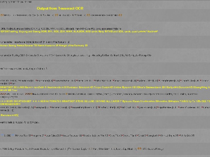 Output from Tesseract OCR OPENTrad¤ng, Buyung and Sawng SOM, M 11, ROE, ZEN, ININK,