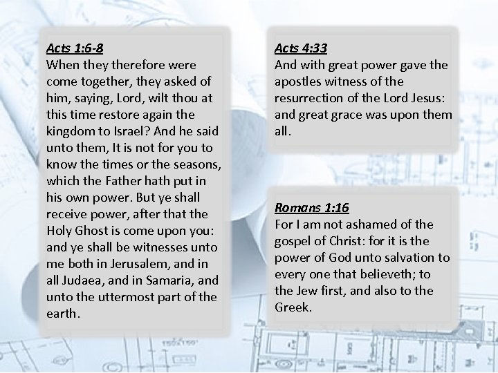 Acts 1: 6 -8 When they therefore were come together, they asked of him,