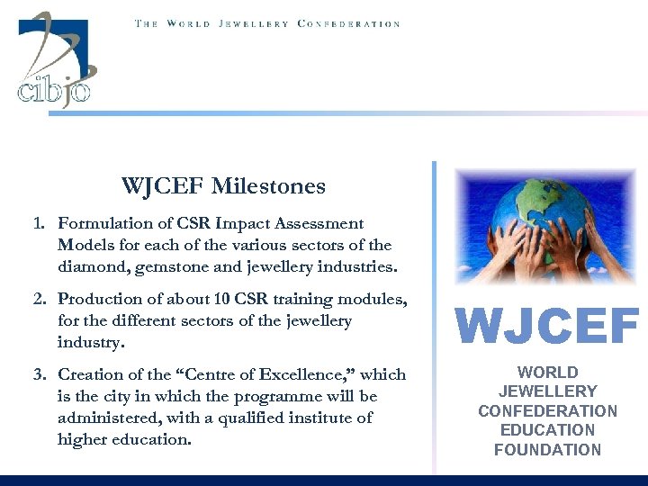 WJCEF Milestones 1. Formulation of CSR Impact Assessment Models for each of the various