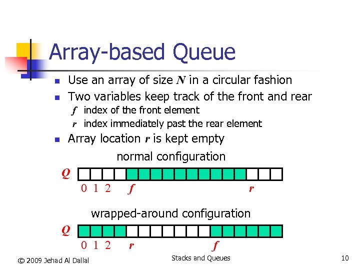 Array-based Queue n n Use an array of size N in a circular fashion