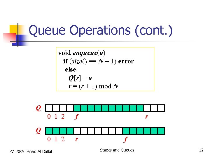 Queue Operations (cont. ) void enqueue(o) if (size() == N 1) error else Q[r]