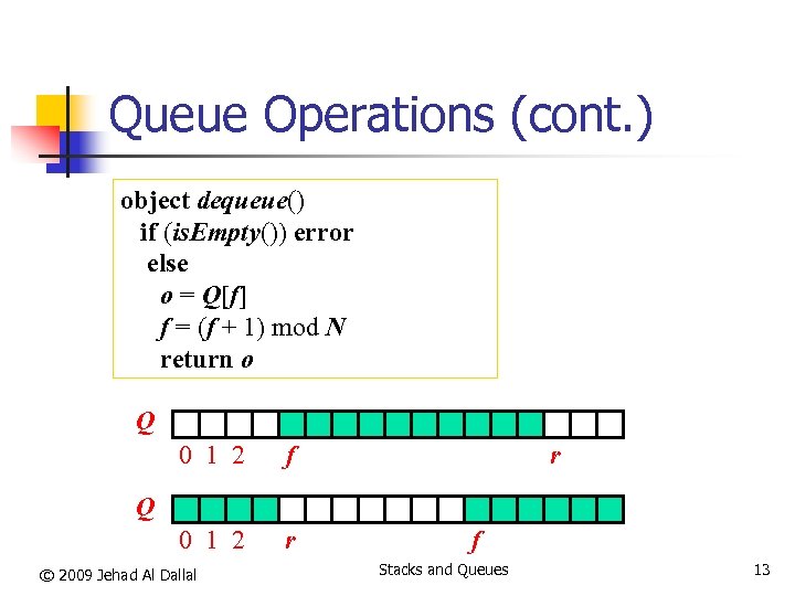 Queue Operations (cont. ) object dequeue() if (is. Empty()) error else o = Q[f]