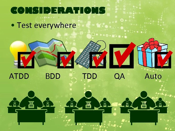 CONSIDERATIONS • Test everywhere ATDD BDD TDD QA Auto 