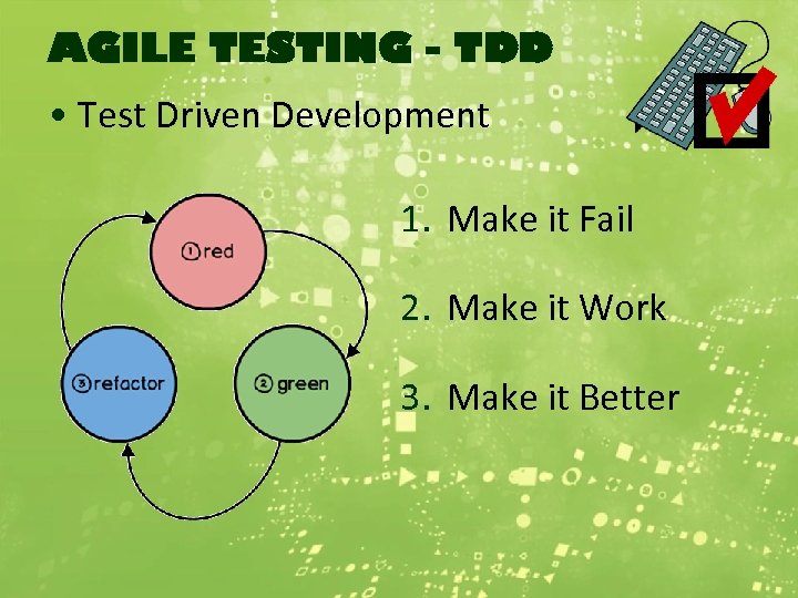 AGILE TESTING - TDD • Test Driven Development 1. Make it Fail 2. Make