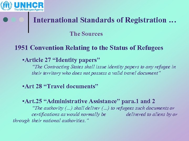 International Standards of Registration … The Sources 1951 Convention Relating to the Status of