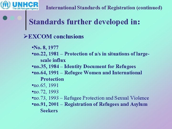 International Standards of Registration (continued) Standards further developed in: ØEXCOM conclusions • No. 8,