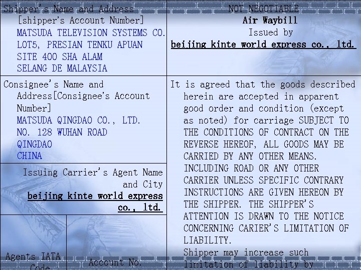 Shipper's Name and Address NOT NEGOTIABLE [shipper’s Account Number] Air Waybill Issued by MATSUDA