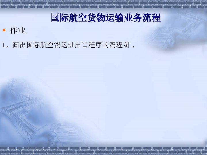 国际航空货物运输业务流程 § 作业 1、画出国际航空货运进出口程序的流程图 。 