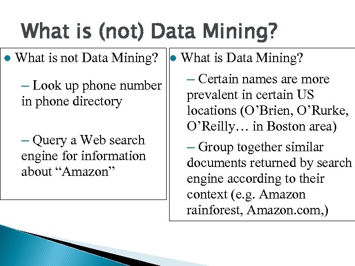 What is (not) Data Mining? l What is not Data Mining? – Look up