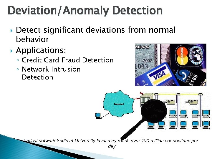 Deviation/Anomaly Detection Detect significant deviations from normal behavior Applications: ◦ Credit Card Fraud Detection