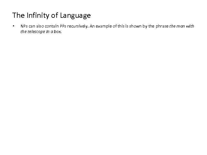 The Infinity of Language • NPs can also contain PPs recursively. An example of