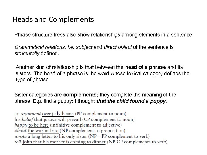 Heads and Complements Phrase structure trees also show relationships among elements in a sentence.