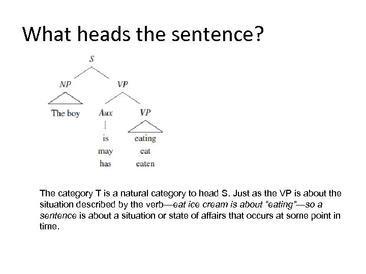 What heads the sentence? The category T is a natural category to head S.