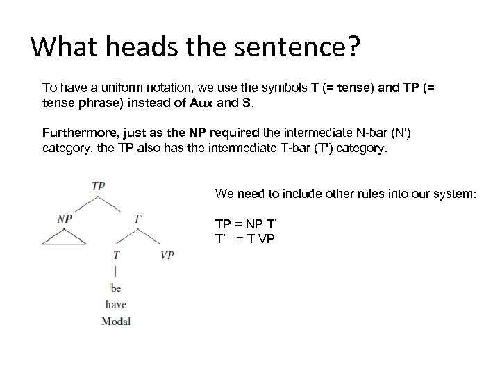 What heads the sentence? To have a uniform notation, we use the symbols T