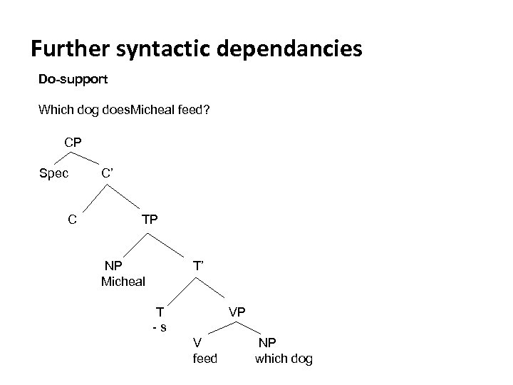 Further syntactic dependancies Do-support Which dog does. Micheal feed? CP Spec C C’ TP