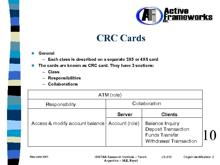 CRC Cards General – Each class is described on a separate 3 X 5
