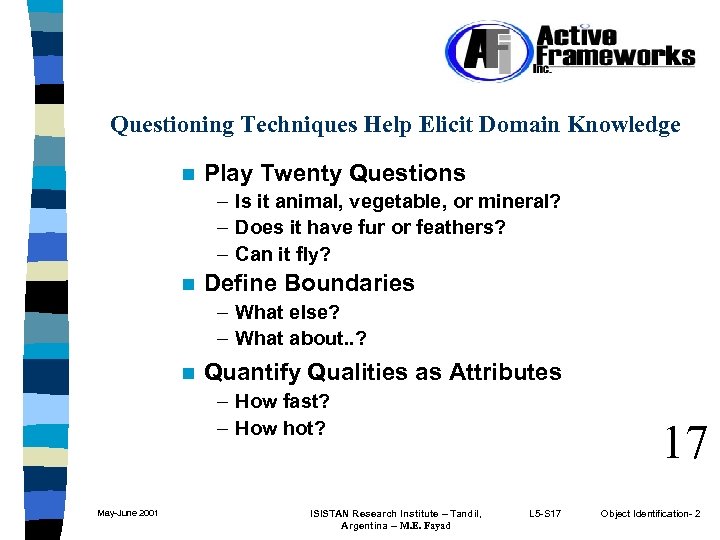 Questioning Techniques Help Elicit Domain Knowledge n Play Twenty Questions – Is it animal,