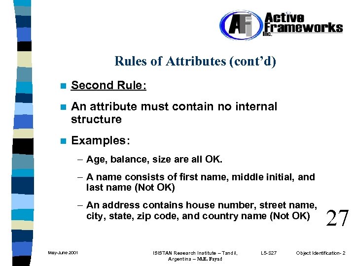 Rules of Attributes (cont’d) n Second Rule: n An attribute must contain no internal