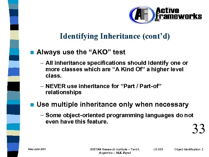 Identifying Inheritance (cont’d) n Always use the “AKO” test – All inheritance specifications should