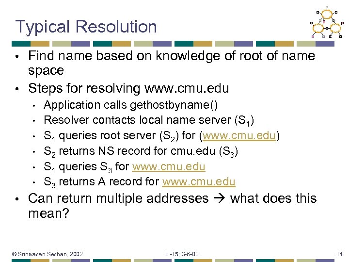 Typical Resolution Find name based on knowledge of root of name space • Steps