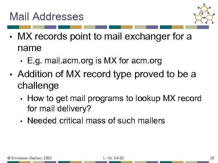 Mail Addresses • MX records point to mail exchanger for a name • •
