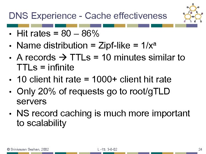 DNS Experience - Cache effectiveness • • • Hit rates = 80 – 86%