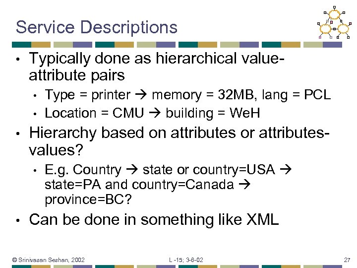 Service Descriptions • Typically done as hierarchical valueattribute pairs • • • Hierarchy based