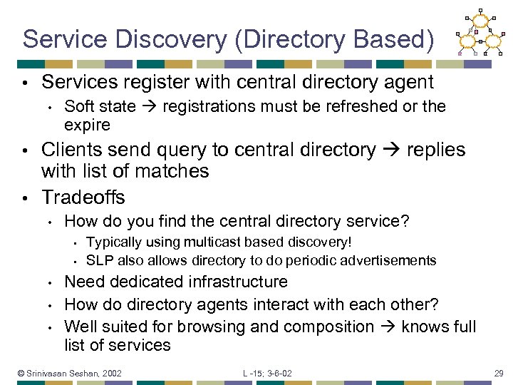 Service Discovery (Directory Based) • Services register with central directory agent • Soft state