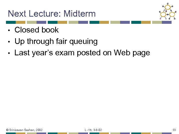 Next Lecture: Midterm Closed book • Up through fair queuing • Last year’s exam