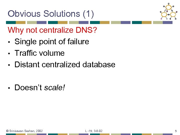 Obvious Solutions (1) Why not centralize DNS? • Single point of failure • Traffic
