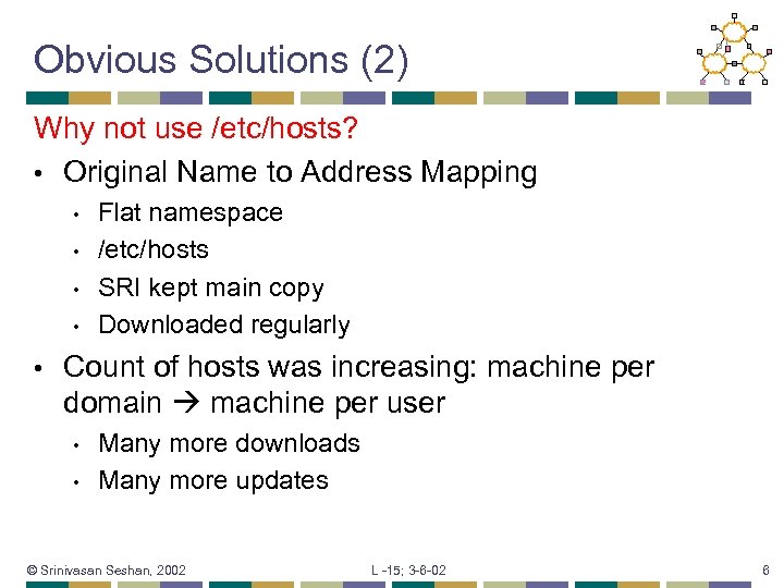 Obvious Solutions (2) Why not use /etc/hosts? • Original Name to Address Mapping •