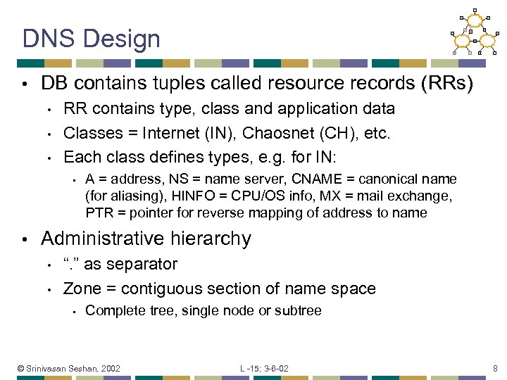 DNS Design • DB contains tuples called resource records (RRs) • • • RR